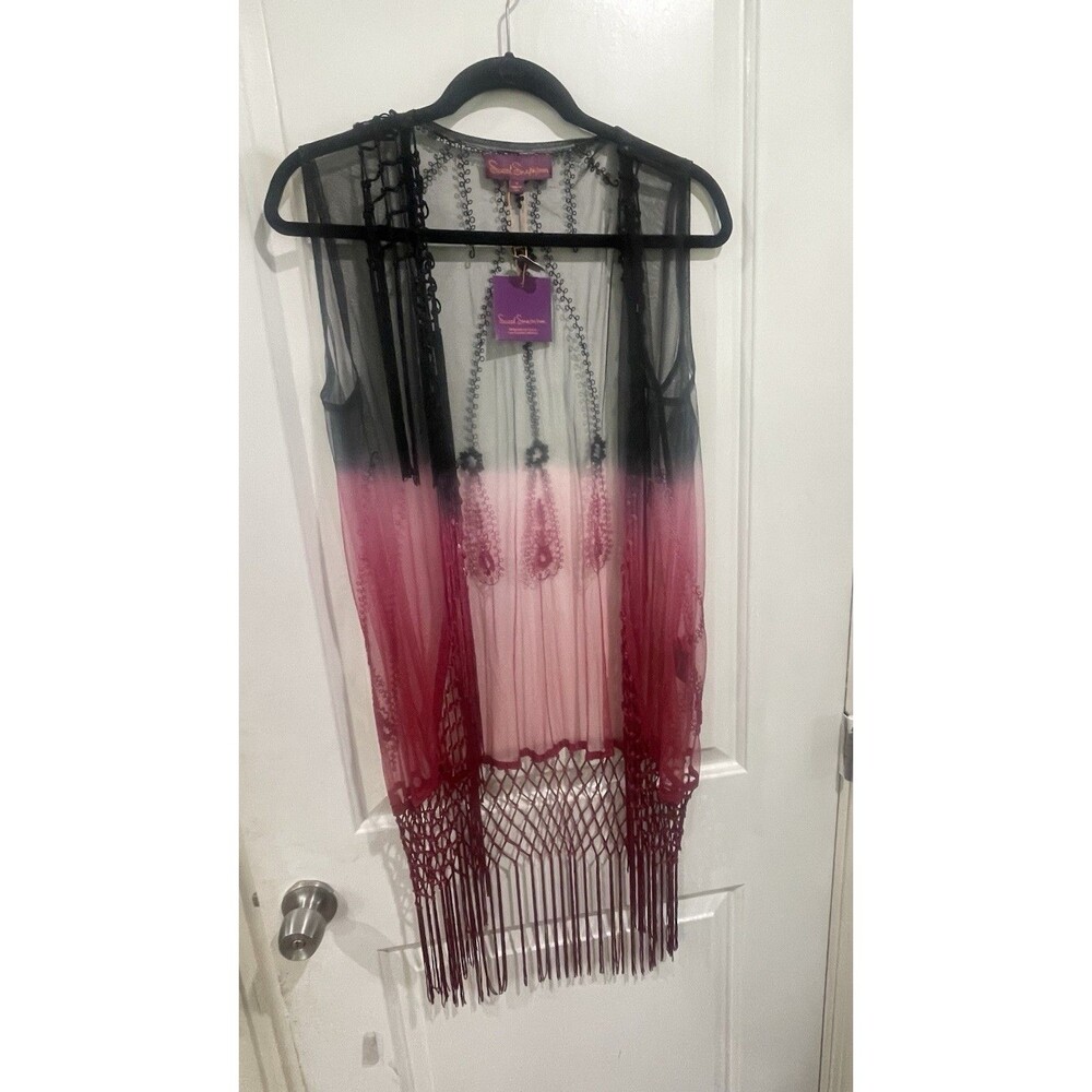 Sweet Sinammon Boho Fringe Kimono Sheer Mesh Duster Black Red Ombre Cover Up M-L